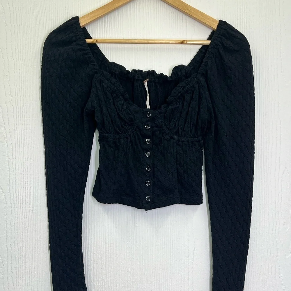 Free People - Lady Bug Black Sweetheart Neck Long Sleeve Crop Blouse Size XS